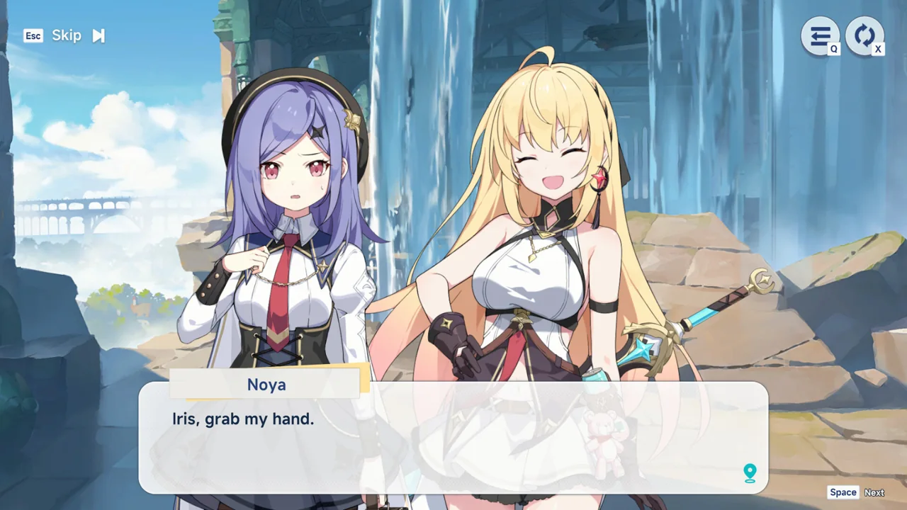Stella Sora companions beside a waterfall during a story scene in Nova.