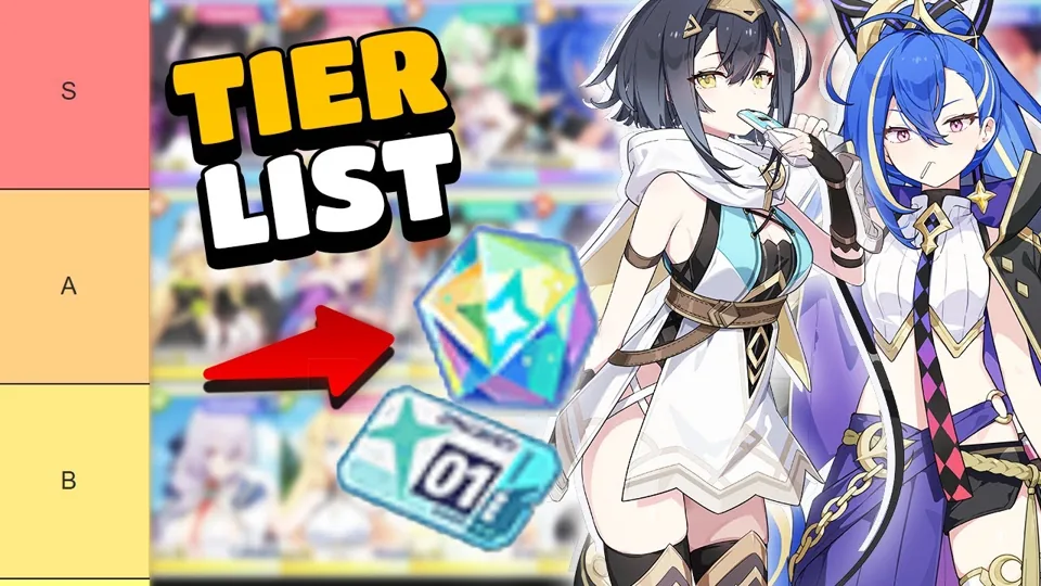 Stella Sora tier-list recording cover with S, A and B rows and two Trekkers.