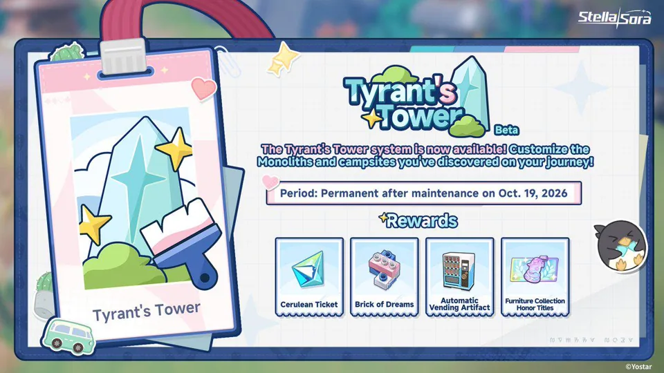 Official Stella Sora Tyrant’s Tower promotional card with a paint brush, Monolith and reward icons.